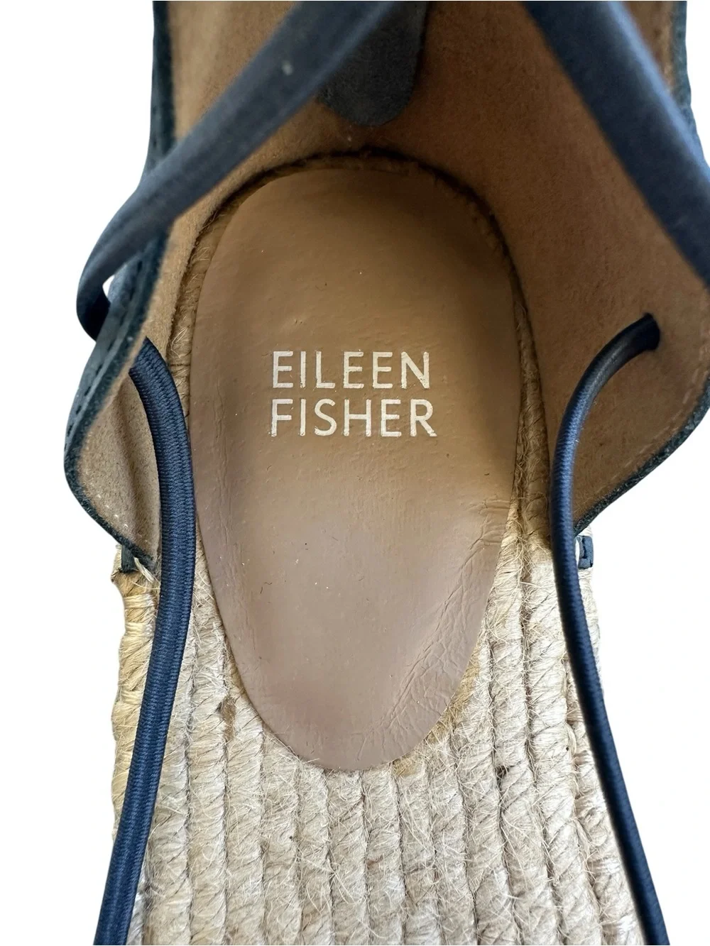 Eileen Fisher Espadrille Flats Navy Leather Ankle Wrap Size 7.5
